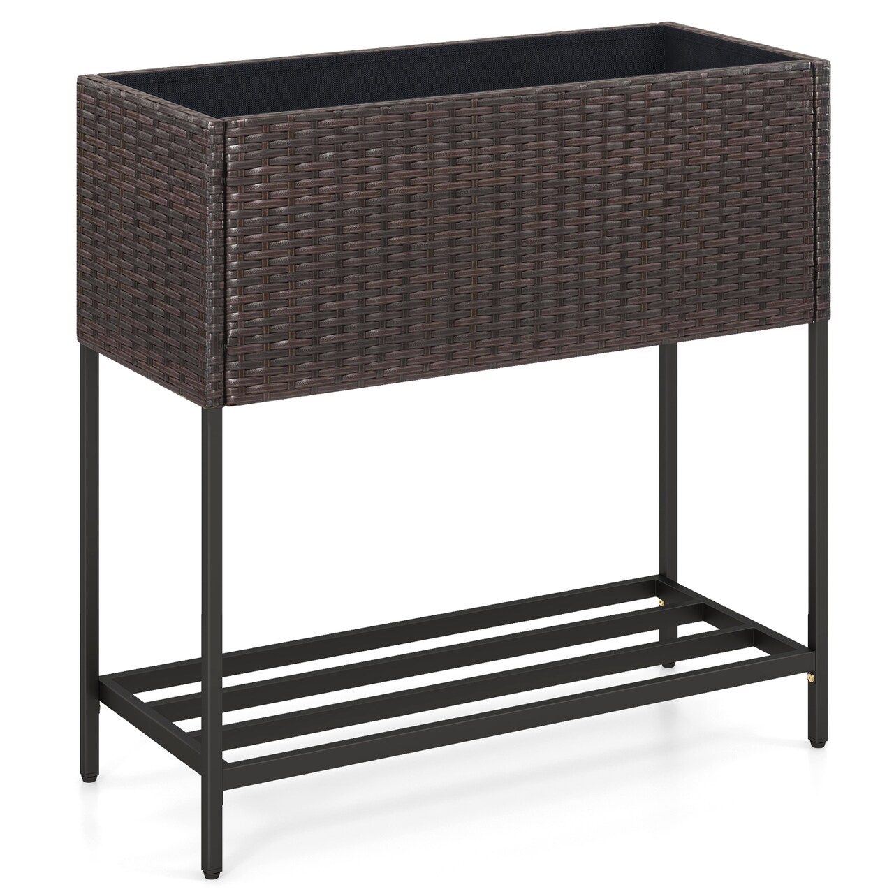 2-in-1 Raised Garden Bed with Storage Shelf 28" Brown PE Rattan Planter with Drain Holes